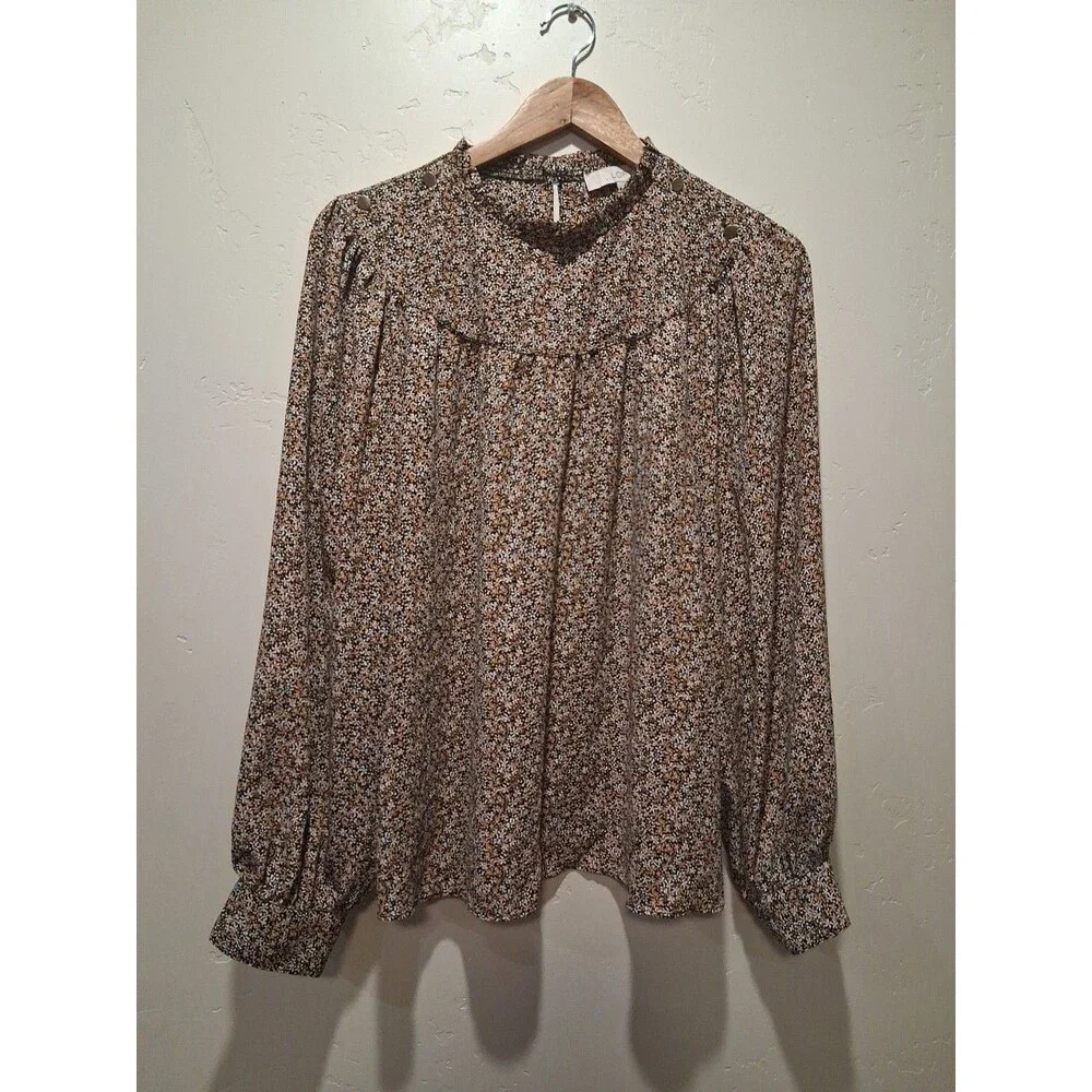 Loft Women Sz L Long Sleev Ditzy Floral Ruffle Neck Blouse Renfair Romantic Boho